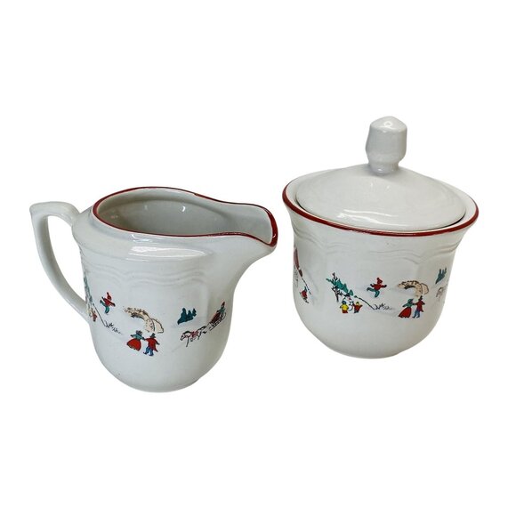 Vintage Christmas Farberware Ceramic Sugar Bowl Creamer Set With Lid Snowman - Picture 1 of 7